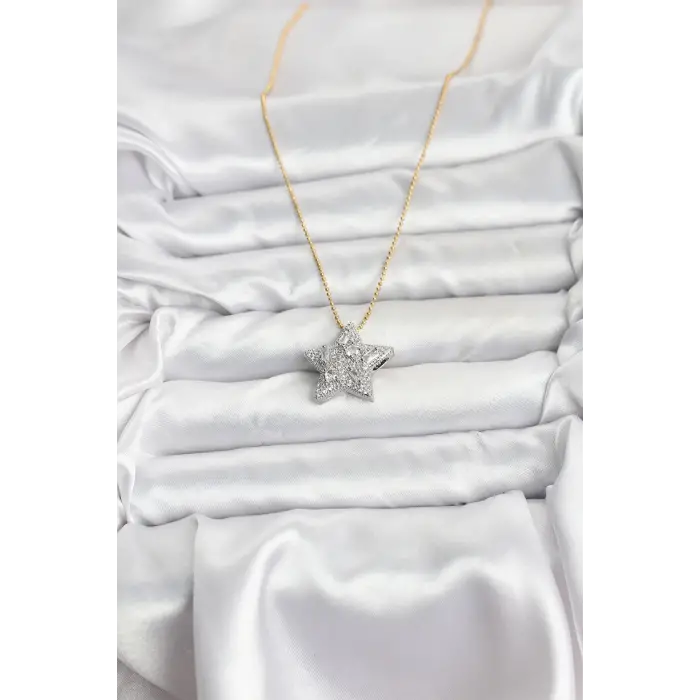 316L Çelik Zincir Gold Renk Zincirli Gümüş Yıldız Model Kadın Kolye