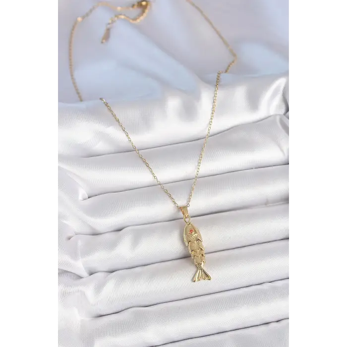316L Çelik Zincir Gold Renk Zirkon Taşlı Balık Figürlü Kolye
