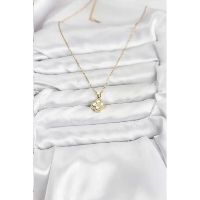 316L Çelik Zincir Gold Renk Zirkon Taşlı Yonca Model Kadın Kolye