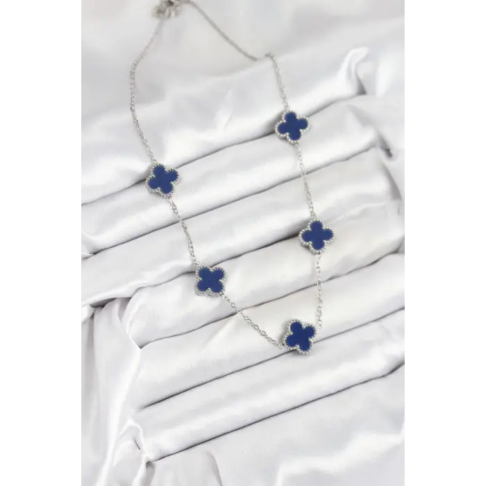 316L Çelik Zincir Gümüş Lacivert Renk Yonca Kadın Kolye