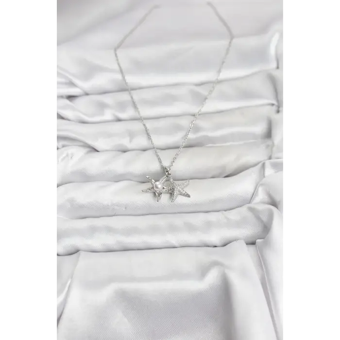 316L Çelik Zincir Gümüş Renk Deniz Yıldızı Model Zirkon Taşlı Kadın Kolye