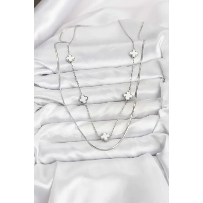 316L Çelik Zincir Gümüş Renk İtalyan Zincirli Yonca Model Kadın Kolye