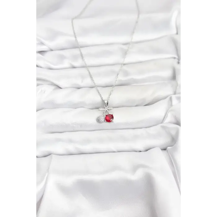 316L Çelik Zincir Gümüş Renk Kiraz Model Zirkon Taşlı Kadın Kolye