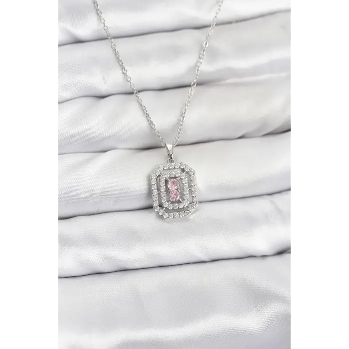 316L Çelik Zincir Gümüş Renk Plaka Model Zirkon Taşlı Kadın Kolye