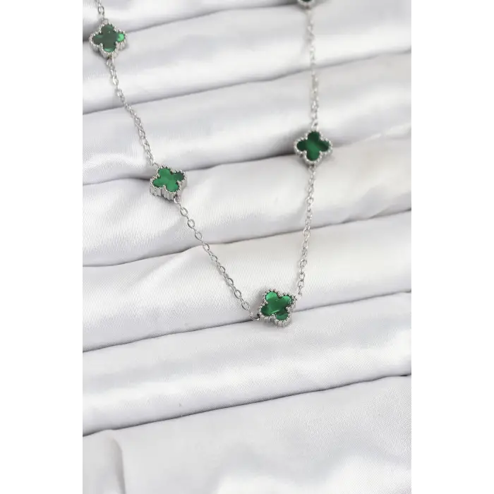 316L Çelik Zincir Gümüş Renk Yeşil Baby Boy Yonca Kadın Kolye