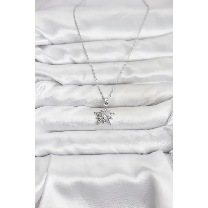 316L Çelik Zincir Gümüş Renk Yıldız Model Zirkon Taşlı Kadın Kolye