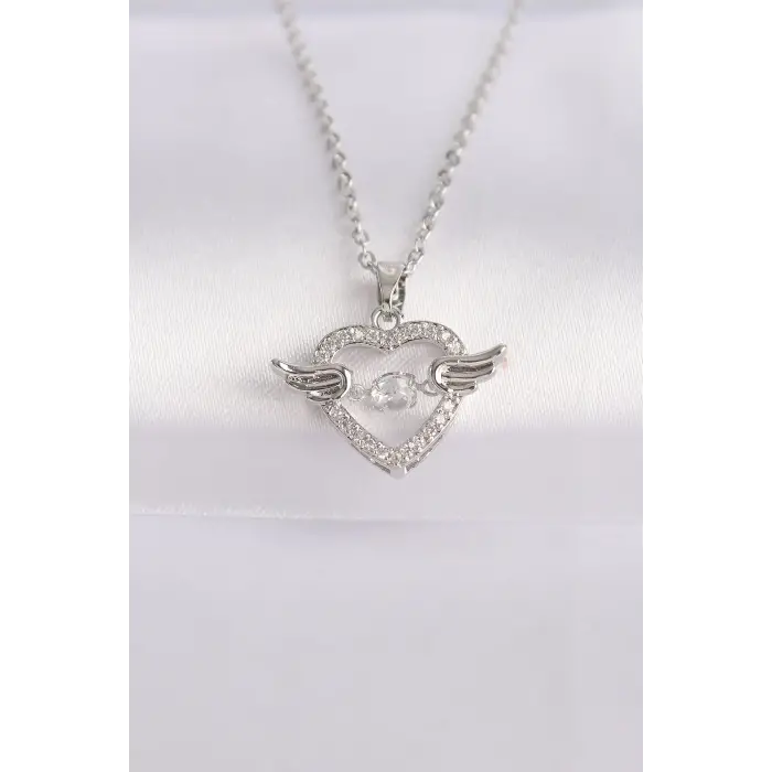 316L Çelik Zincir Gümüş Renk Zirkon Taşlı Kanatlı Kalp Kolye
