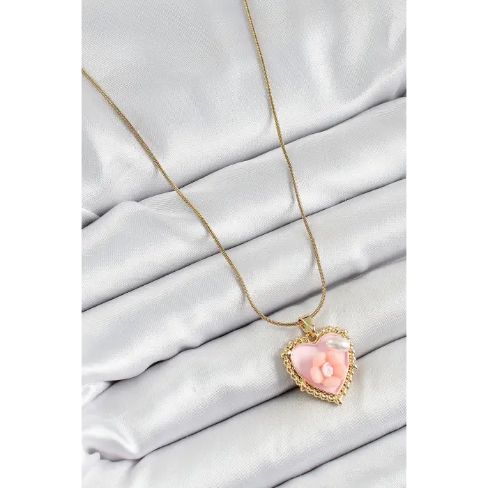 316L Çelik Zincir Pembe Sanatsal Portre İnci Detaylı Papatya Figürlü Kalp Model Gold Renk Kadın Kolye