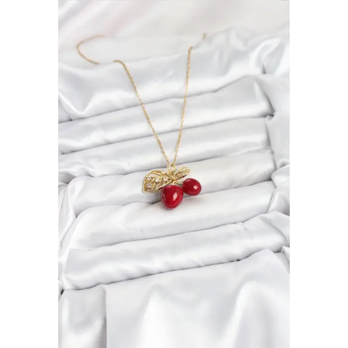 316L Çelik Zincir Yapraklı Kiraz Model Gold Renk Kadın Kolye