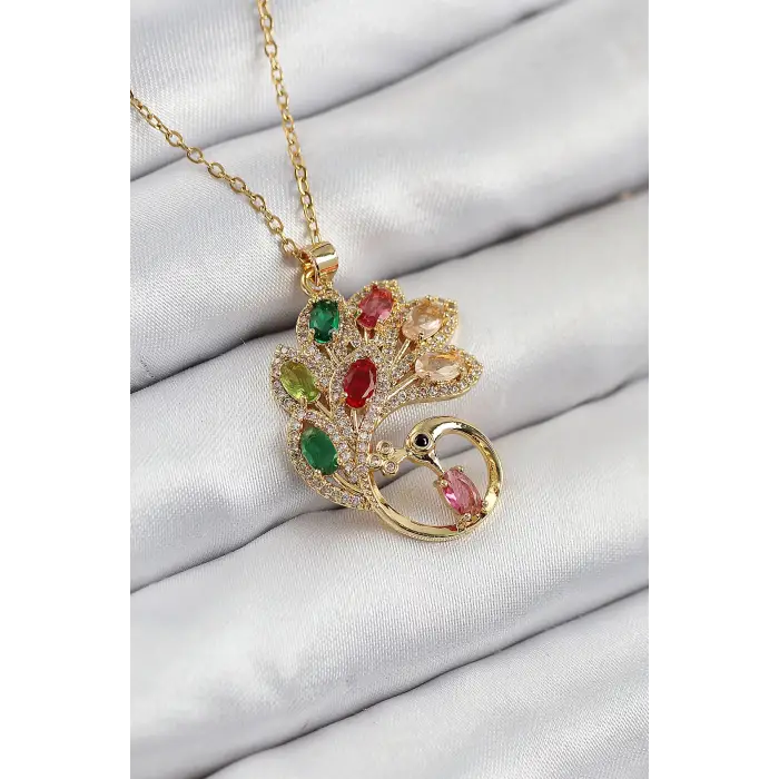 316L Çelik Zirkon Taşlı Tavus Kuşu Model Gold Renk Kadın Kolye