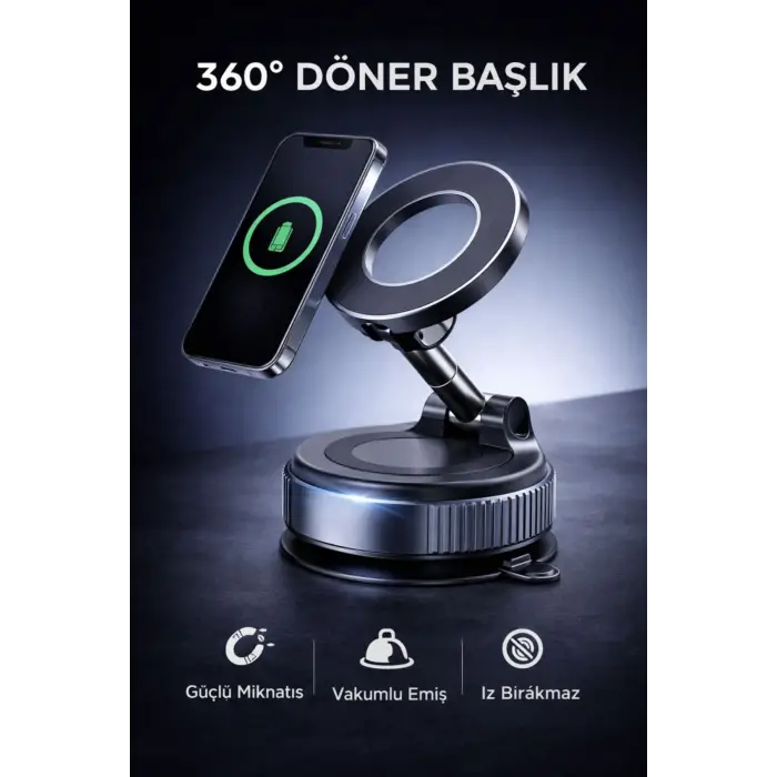 360° Ayarlanabilir Vakumlu Manyetik Telefon Tutucu – Güçlü Mıknatıs, İz Bırakmaz Tasarım