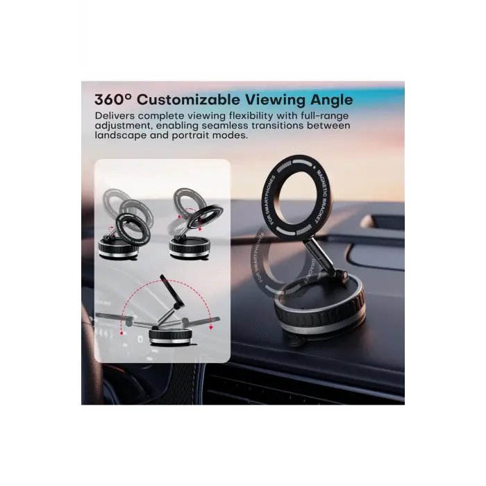360 Dönebilen Telefon Tutucu - Ayarlanabilir Mıknatıslı Vakumlu Araç İçi Telefon Tutucu