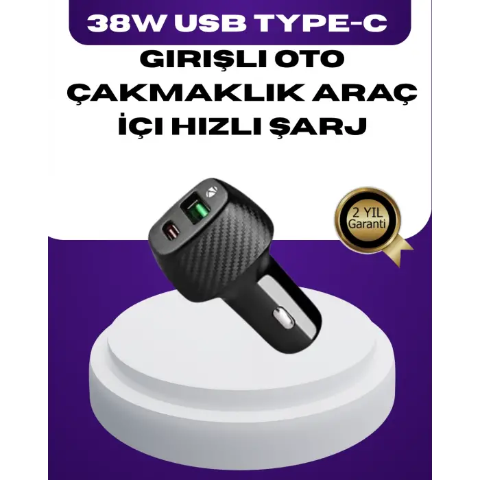 38W Çift Çıkışlı Araç Şarj Cihazı – Type-C ve USB PD Destekli