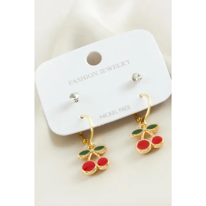 4 Adet Kiraz Taşlı Mineli Halka Küpe