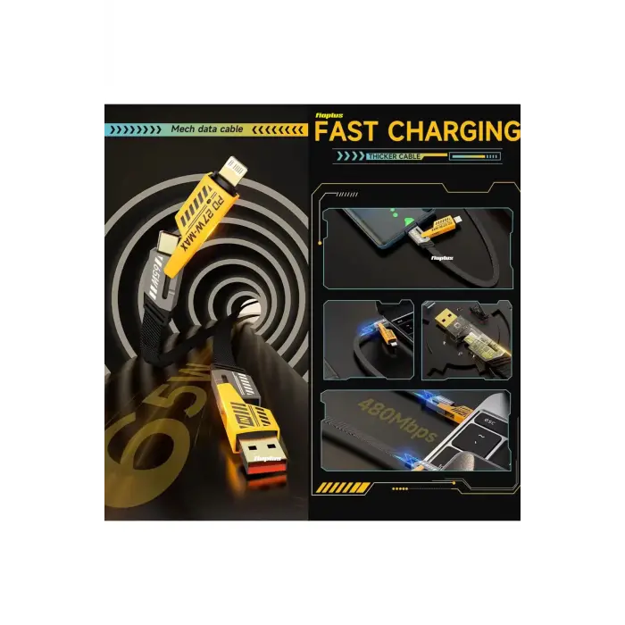 4in1 PD 65 Watt Type-C/27 Watt iPhone Halat Örgü Kırılmaz Uç 1MT Hızlı Şarj ve Data Kablosu fp98