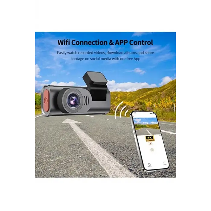 4k Wifi Çift Kameralı Araç Kamerası Gece Görüşlü G-sensörlü Dash Cam 170 Derece