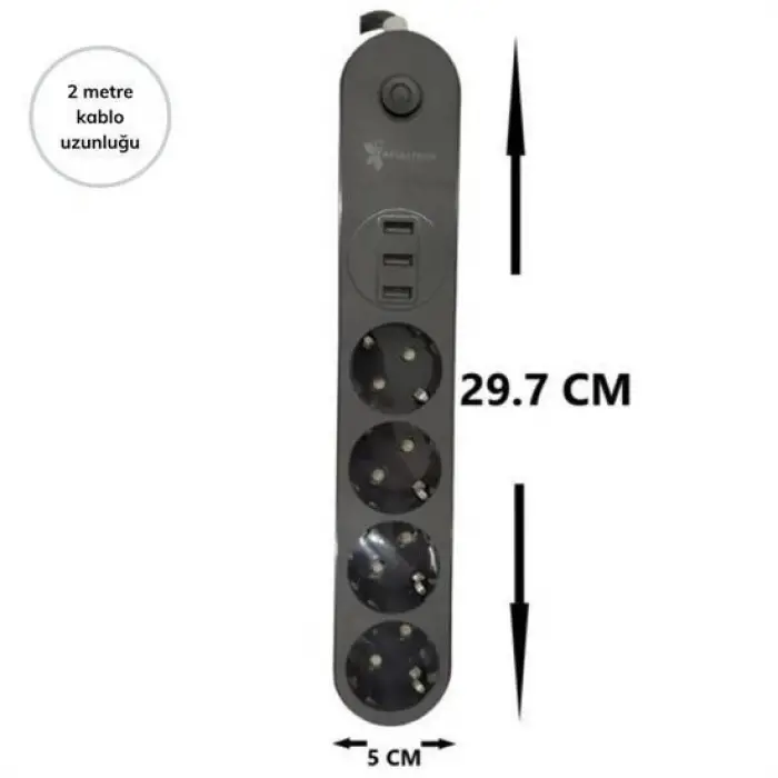 4lü Siyah Anahtarlı 3 Usb Li Akım Korumalı Topraklı Çocuk Korumalı Grup Priz 2 Metre