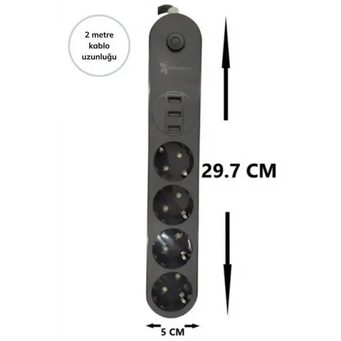 4lü Siyah Anahtarlı 3 Usb Li Akım Korumalı Topraklı Çocuk Korumalı Grup Priz 2 Metre