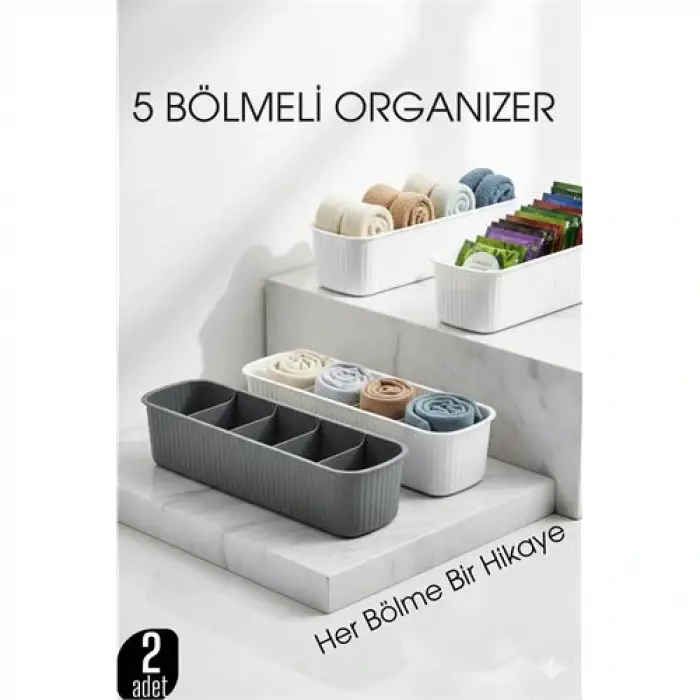 5 Bölmeli Dolap ve Çekmece İçi 2’li Set Organizer Kutusu (Gri & Beyaz)