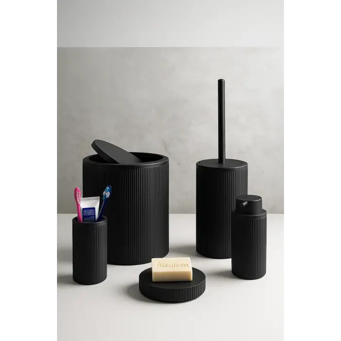 5li Eco Banyo Seti Çöp Kovası Tuvalet Fırçası Sabunluk Diş Fırçalık 5 Parça Siyah Çizgili Yuvarlak