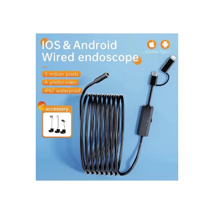 5 Metre Endoskop Yılan Video Kamera Ios Ve Android Uyumlu Led’li 8 Mm Sert Kablo 2mp