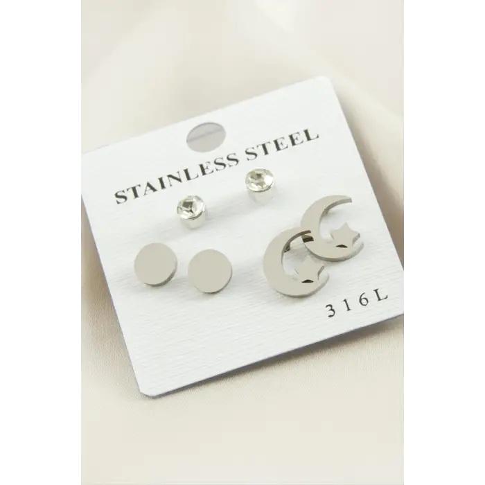 6 Adet Ay Yıldız Taşlı Çelik Küpe