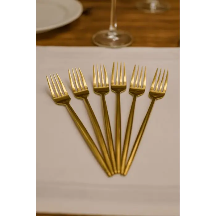 Lüks Gold Titanyum Kaplama 6lı Yemek Çatalı Seti - Paslanmaz Çelik & Kararmaz Sofra Çatalı