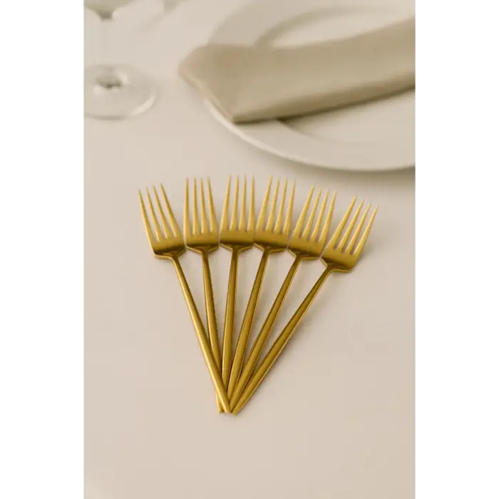 Lüks Gold Titanyum Kaplama 6lı Yemek Çatalı Seti - Paslanmaz Çelik & Kararmaz Sofra Çatalı