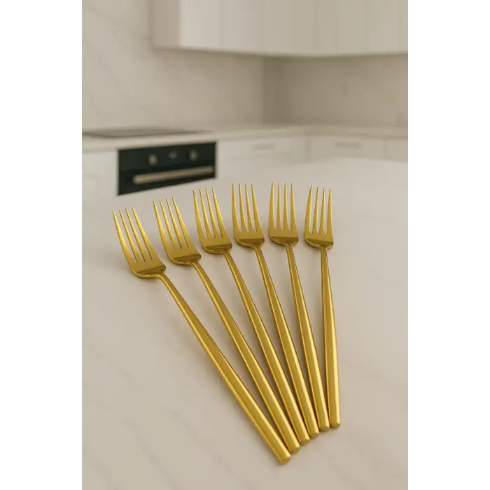 Lüks Gold Titanyum Kaplama 6lı Yemek Çatalı Seti - Paslanmaz Çelik & Kararmaz Sofra Çatalı