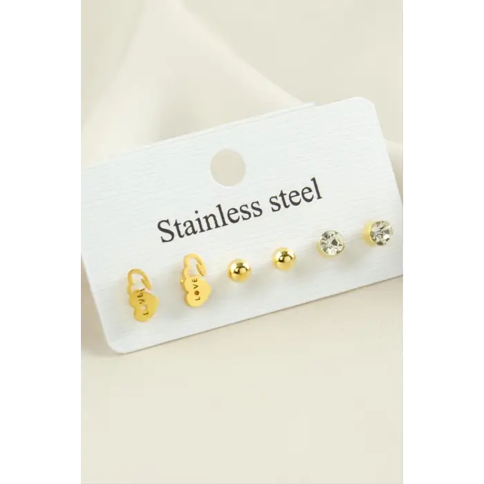 6 Adet Kalp Taşlı Çelik Küpe