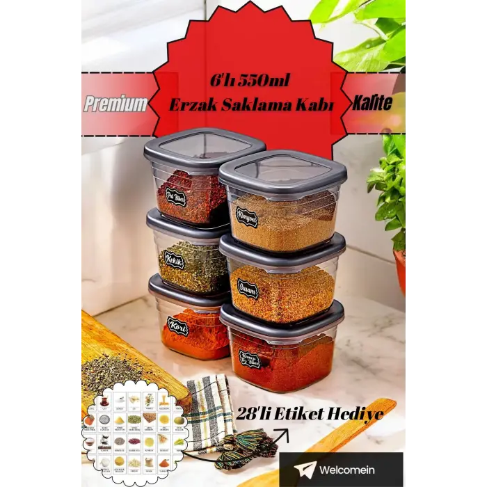 6 Adet Square Antrasit Etiketli Baharatlık Takımı - 550 ml - 6lı Kare 0.55 Lt Etiket Hediyeli