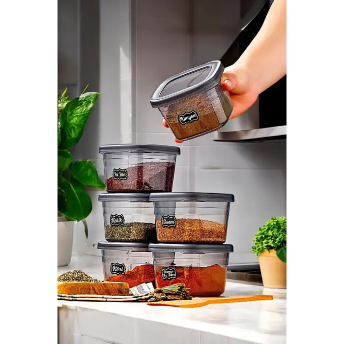 6 Adet Square Antrasit Etiketli Baharatlık Takımı - 550 ml - 6lı Kare 0.55 Lt Etiket Hediyeli