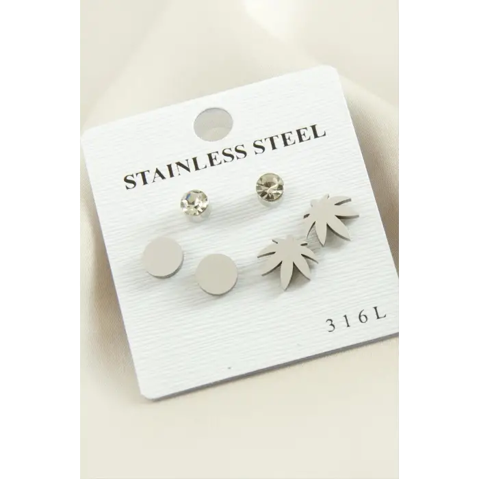 6 Adet Yaprak Taşlı Çelik Küpe