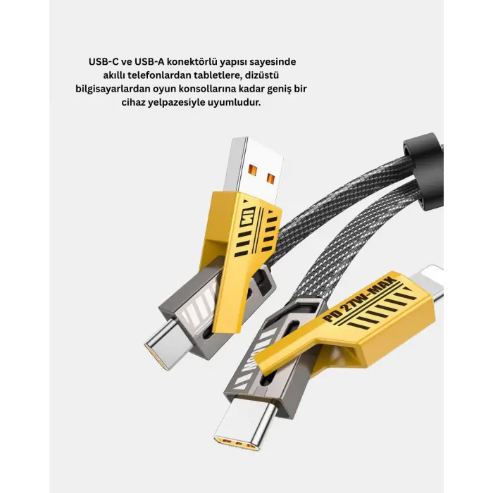 65W 4’ü 1 Arada Örgülü Hızlı Şarj Kablosu USB-C USB-A Çoklu Şarj Dayanıklı