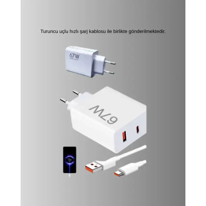 67W Süper Hızlı Şarj Adaptörü ve Kablo Seti – Güvenli, Kompakt ve Ergonomik Tasarım