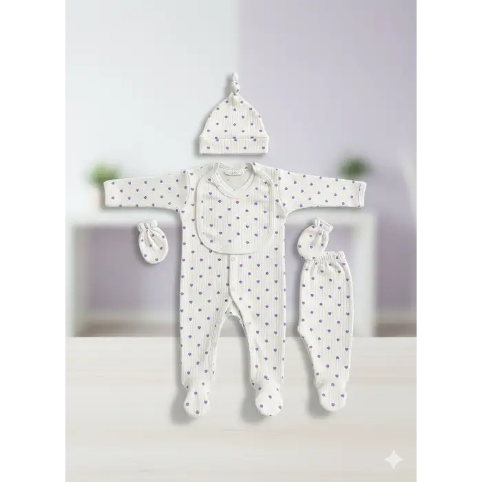 Pamuklu Mor Kalpli 5’li Yenidoğan Hastane Çıkışı Seti | Organik Kız Bebek Zıbın Takımı