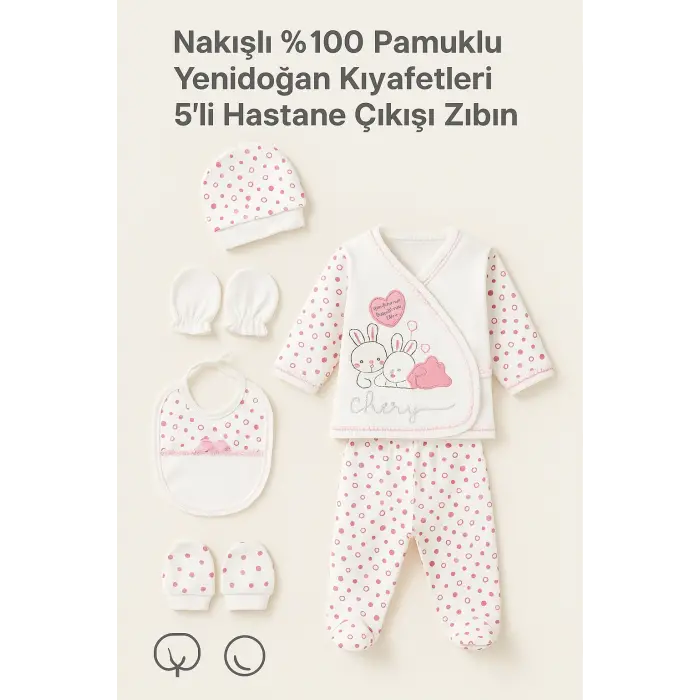 Nakışlı %100 Pamuk 5’li Bebek Hastane Çıkışı Seti | Tavşan Desenli Yenidoğan Zıbın Takımı