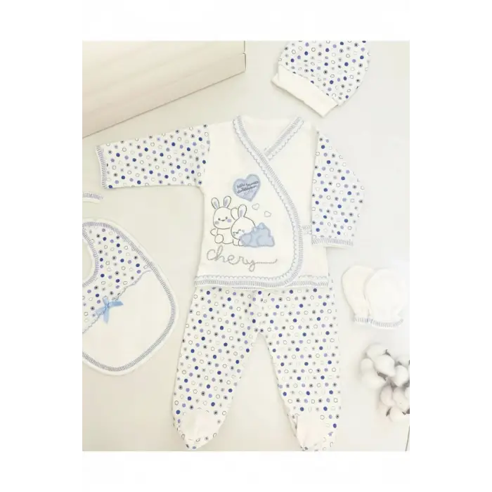 Tavşan Nakışlı Desenli Pamuklu Yenidoğan 5li Hastane Çıkışı Zıbın Seti