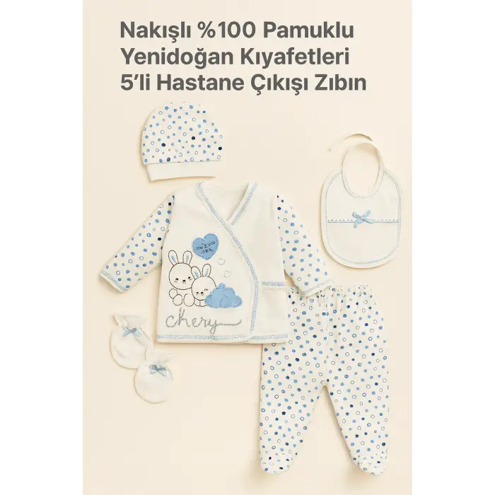 Nakışlı %100 Pamuk 5’li Yenidoğan Hastane Çıkışı Zıbın Seti | Tavşan Desenli Organik Bebek Kıyafetleri