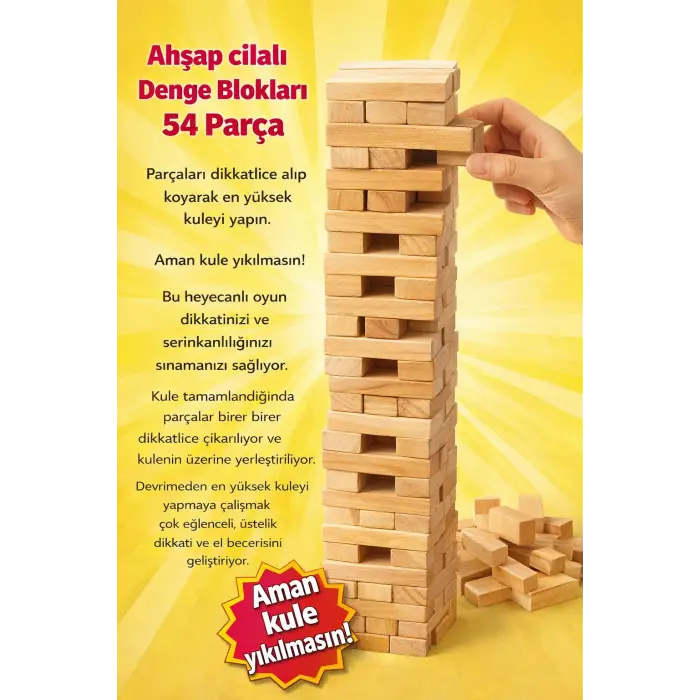 Ahşap Cilalı Denge Blokları 54 Parça – Eğitici ve Eğlenceli Çocuk Oyunu