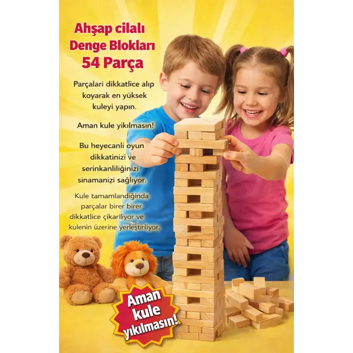 Ahşap Cilalı Denge Blokları 54 Parça – Eğitici ve Eğlenceli Çocuk Oyunu