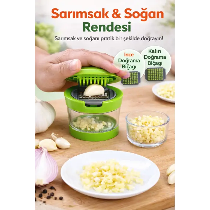 Çıkarılabilir Hazneli Kapaklı Pratik Sarımsak ve Soğan Doğrayıcı – 2 Bıçak Seçenekli Profesyonel