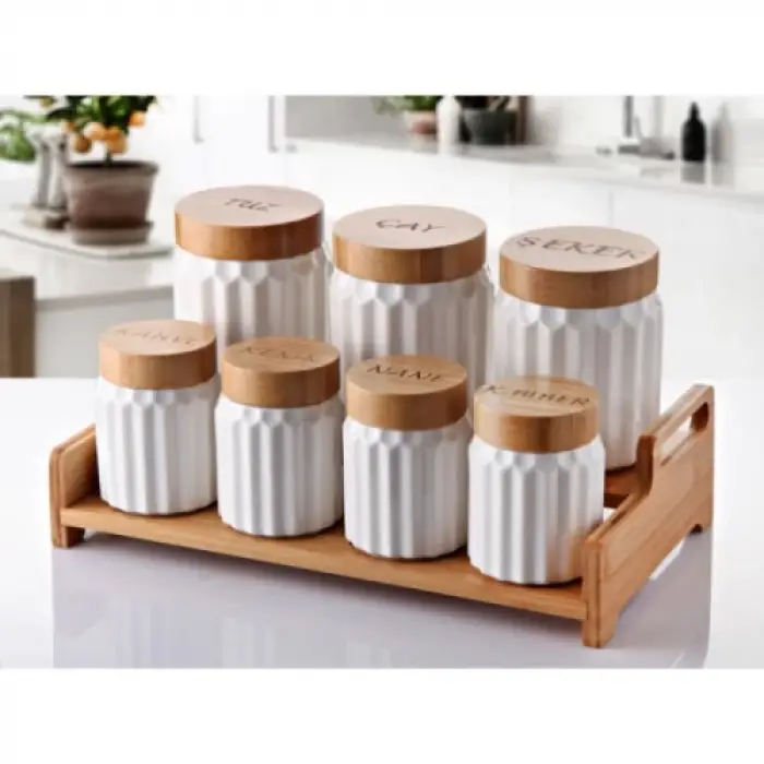 7li Bambu Kapak Standlı Baharat Seti