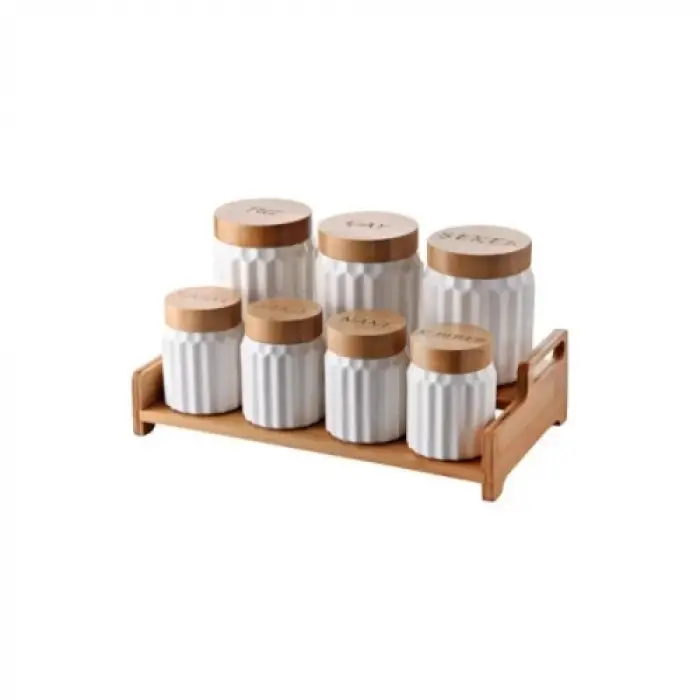 7li Bambu Kapak Standlı Baharat Seti