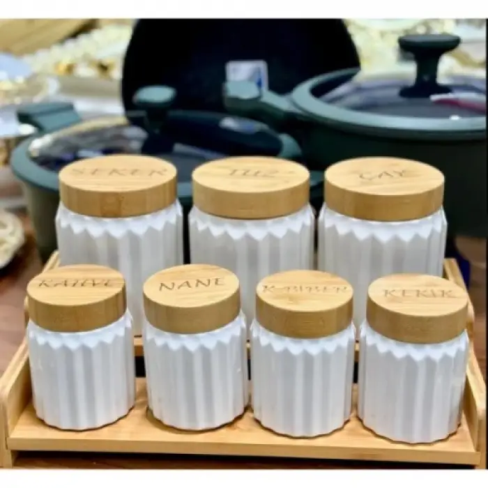 7li Bambu Kapak Standlı Baharat Seti