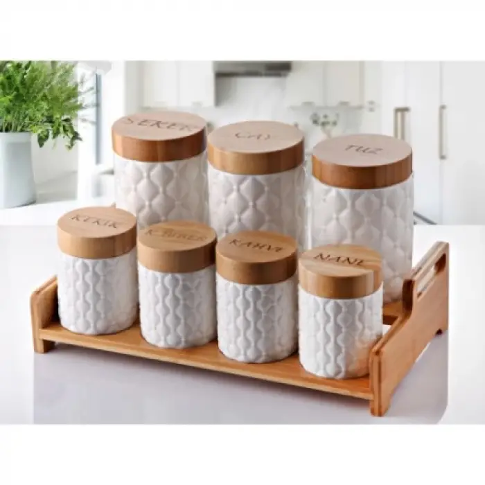 7li Bambu Kapak Standlı Baharat Seti Model 2