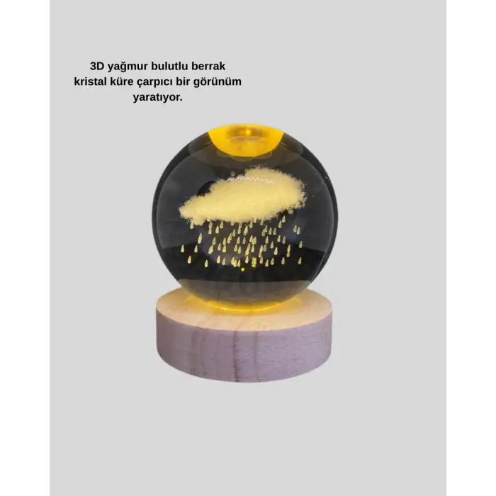 8 Cm 3d Yağmur Bulutu Kristal Küre Led Gece Lambası Ahşap Standlı Tasarım Lamba