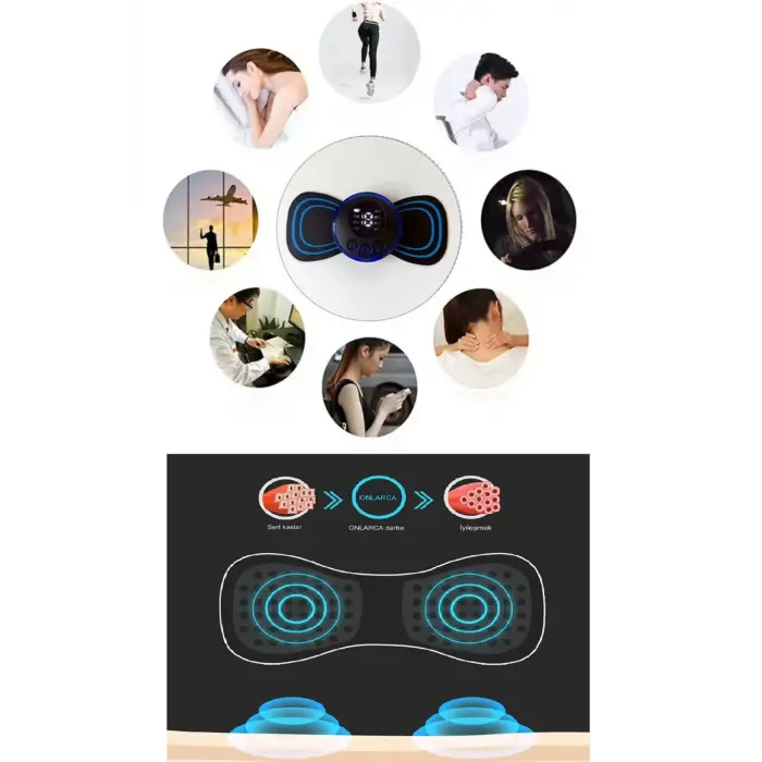 8 Modlu Mini Şarjlı Kelebek LCD Ekran Ems Boyun Omuz Kol Sırt Elektrikli Masaj Bantı Kas Stimülatörü