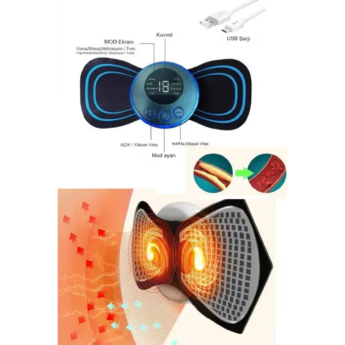 8 Modlu Mini Şarjlı Kelebek LCD Ekran Ems Boyun Omuz Kol Sırt Elektrikli Masaj Bantı Kas Stimülatörü