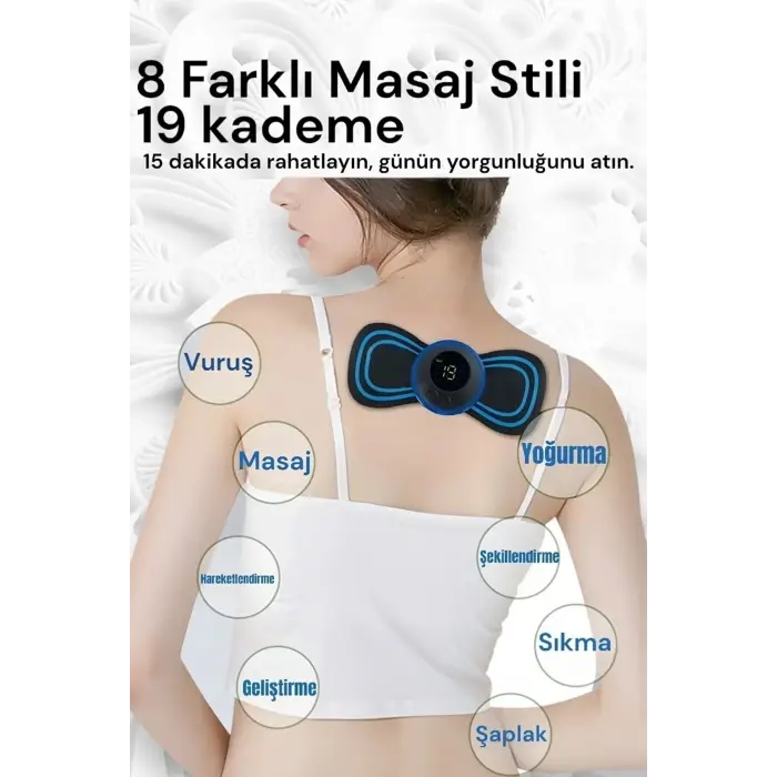 8 Modlu Mini Şarjlı Kelebek LCD Ekran Ems Boyun Omuz Kol Sırt Elektrikli Masaj Bantı Kas Stimülatörü